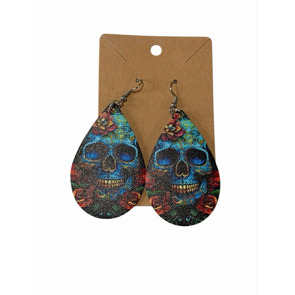 Sugar Skull Teardrop Earrings Faux Leather Floral Day of the Dead Jewelry Blue